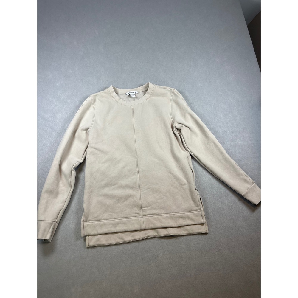 Athleta Womens XS Beige Fleece Lined Crewneck Sweatshirt Split Hem Pullover